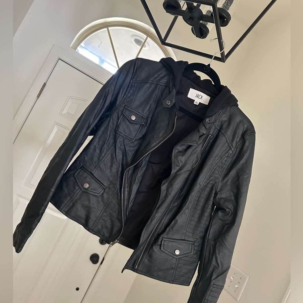 JACK Leather Jacket. Zip with hoodie. Size M.